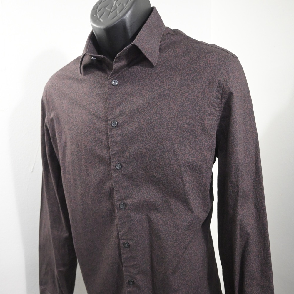 Express Dress Shirt Mens M Slim Fit Burgundy Floral Pattern Cotton Blend L/S